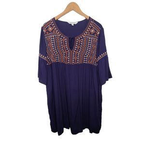 Davi & Dani Womens Women's Size Large Navy-Bl Aztec Stitch Babydoll Dress Boho‎